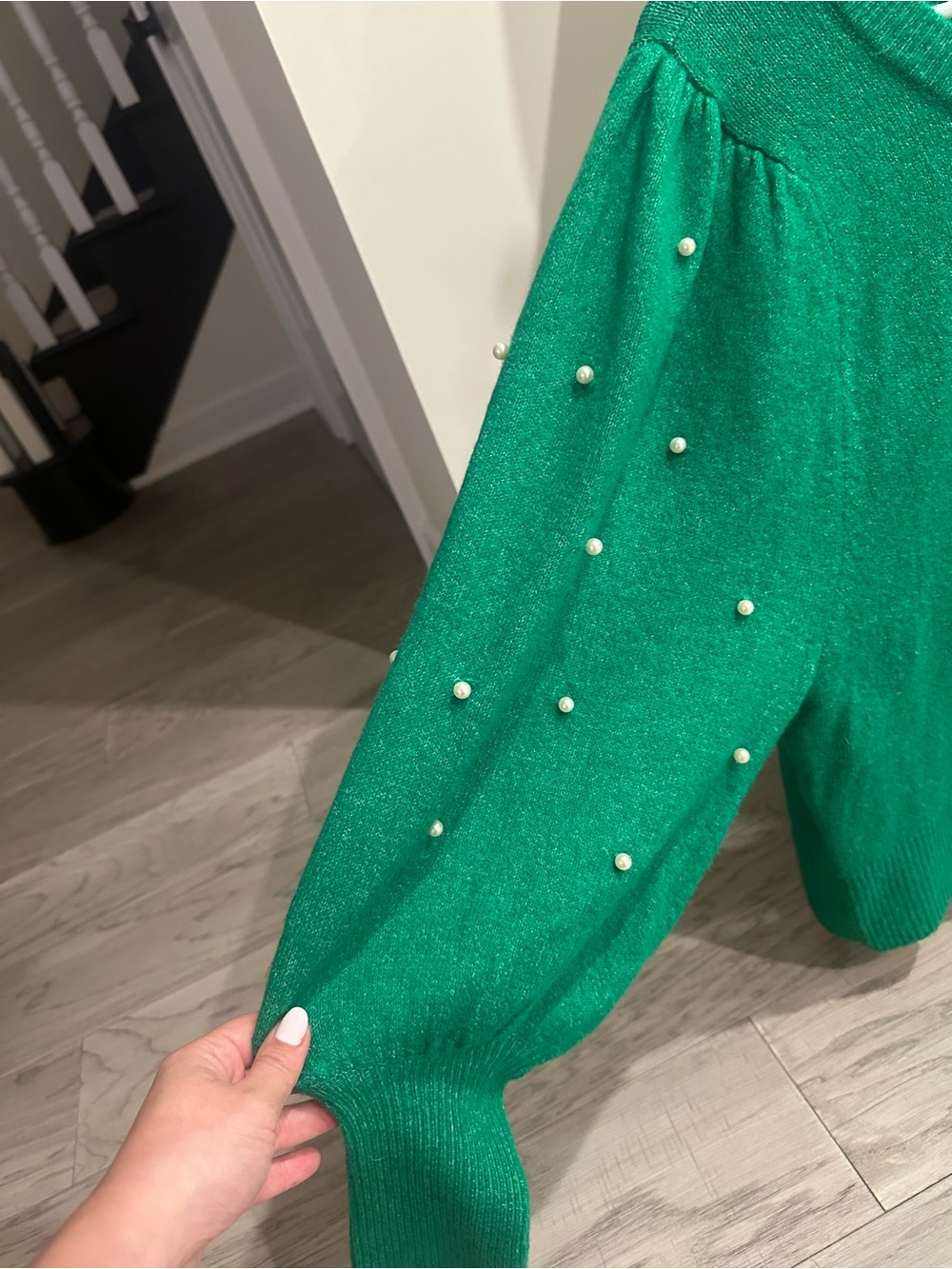CeCe Emerald Green Pearl-Embellished Crewneck Sweater - Large - Picture 7 of 7
